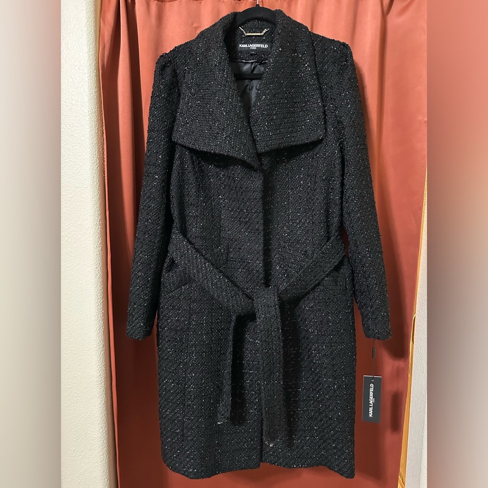 NWT Karl Lagerfeld Black Metallic Wool-Blend Snap Front Belted Coat